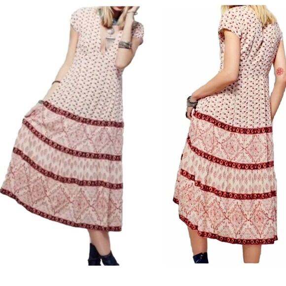 Free People Bella Notte Midi Dress Pink Combo, Boho Cottagecore Prairie | 6 EUC - Picture 13 of 13